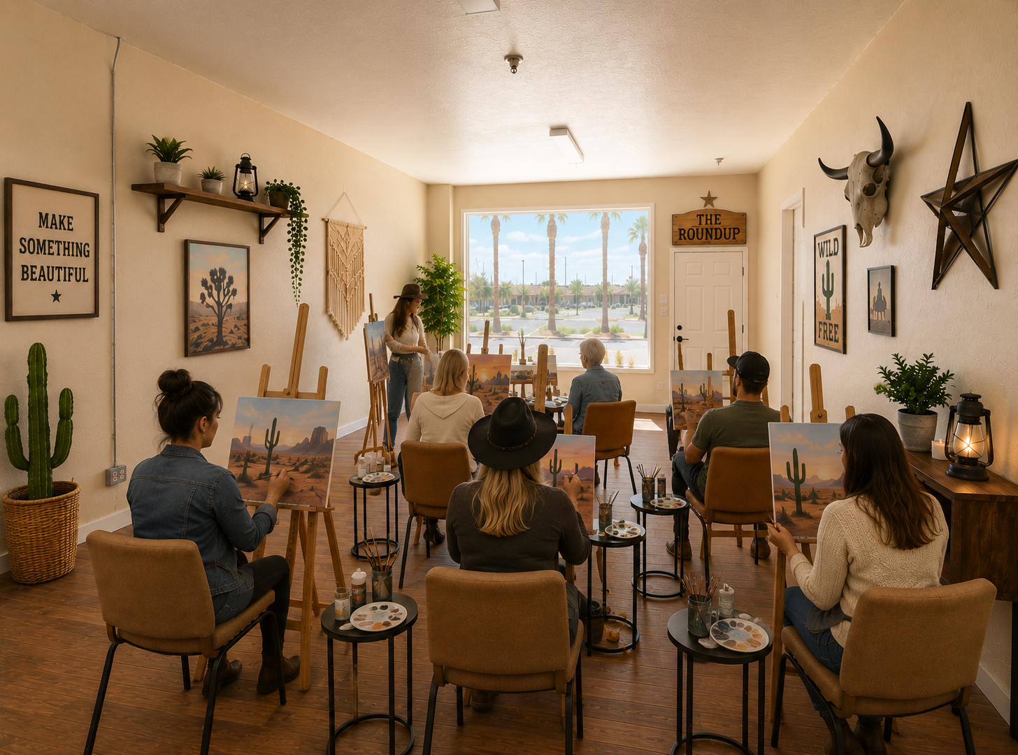 Art class in the lounge with desert-themed paintings